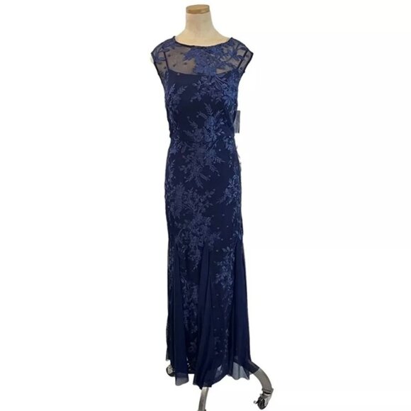 Alex Evenings women's dress 14 navy blue soft lace long Maxi NWT - Picture 1 of 8